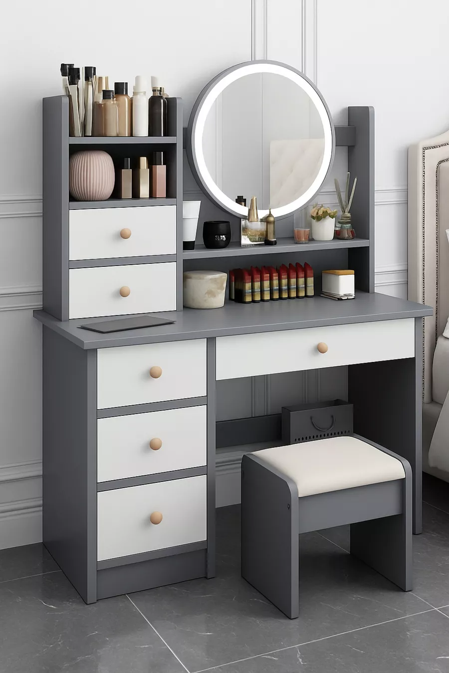 Coiffeuse moderne avec miroir et éclairage LED en MDF de qualité premium de 1ère classe (G)