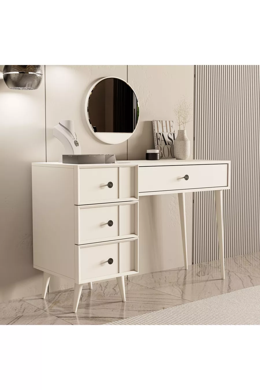 TOELETT ROSE CON SPECCHIO (CON GAMBE IN LEGNO) CON STRUTTURA IN MDF E 4 CASSETTI, COLORE BIANCO