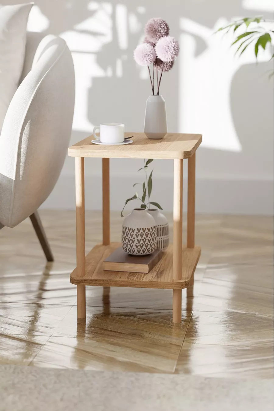 Table d'appoint latérale à 2 étagères avec large porte-journaux, bibliothèque, support pour fleurs, table de chevet, table de chevet polyvalente