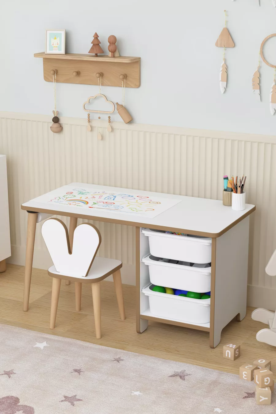 Table d'activités pour enfants à 3 tiroirs avec rouleau de papier pour dessin et chaise lapin