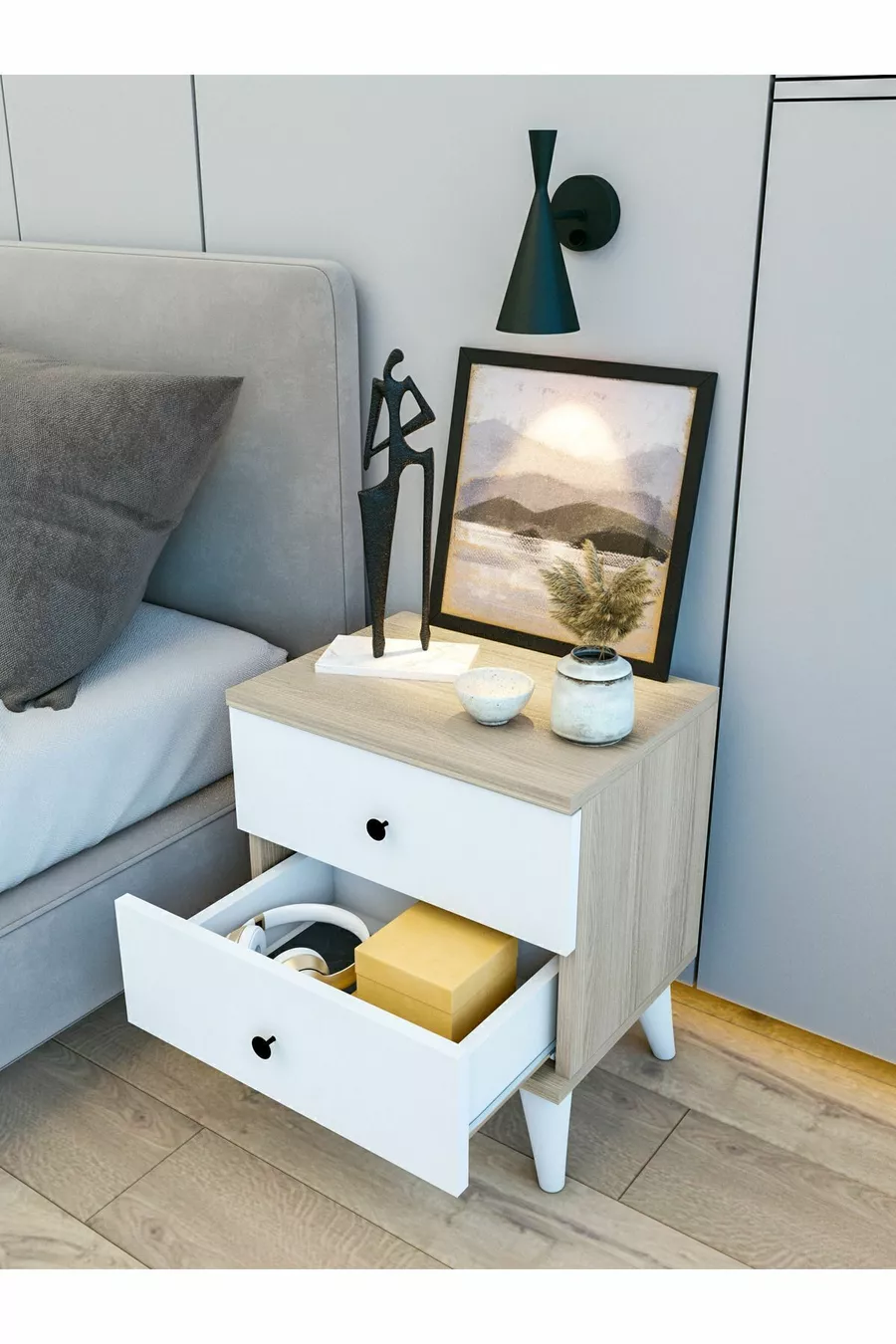 Nachttisch Cordoba Glänzend Weiß-Braun mit Schubladen Holz Nachttisch Schlafzimmer