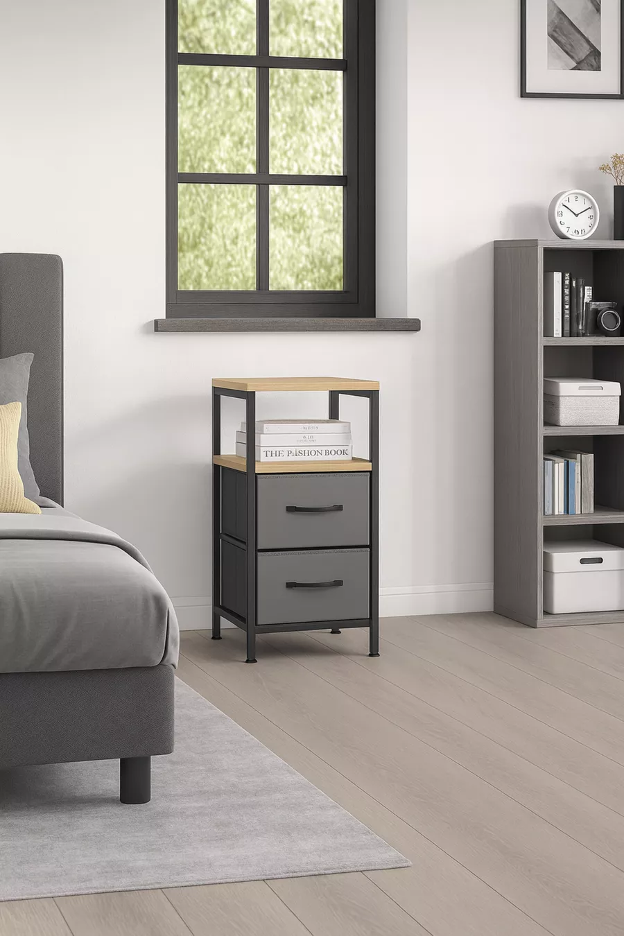 Table de chevet métallique à 2 étagères avec tiroir en cuir pour organiser la chambre