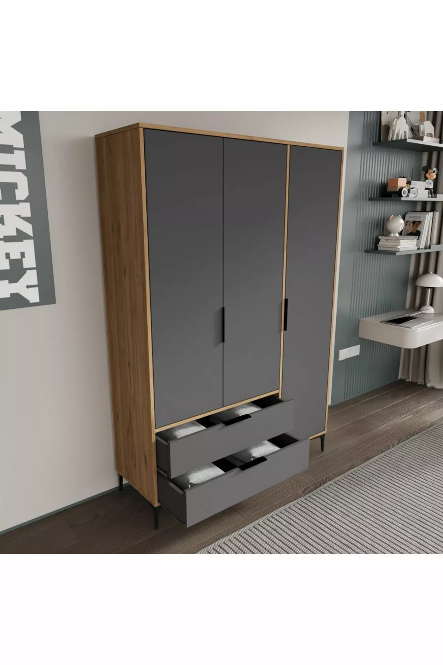 Armoire Aden 3 portes avec tiroirs, couleur anthracite complet, armoire à vêtements, armoire avec étagères