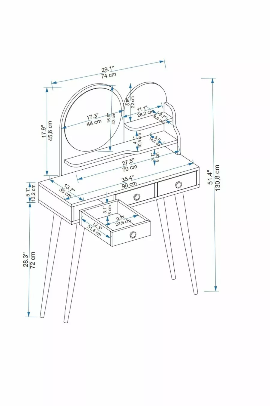 Coiffeuse en bois avec miroir et tiroirs Ruges sur pieds, blanc - Ruges