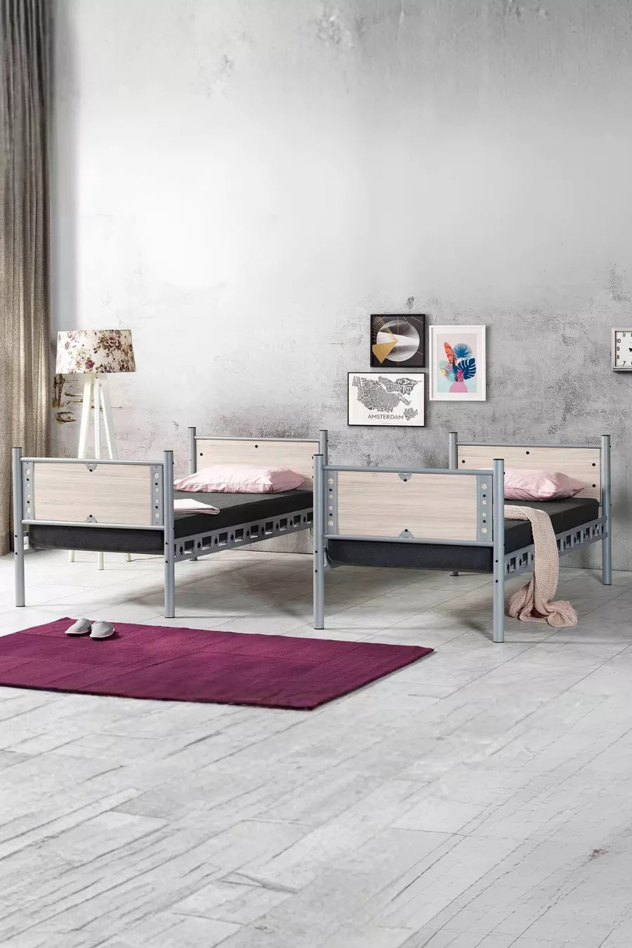 Elegant Kids' Room Bunk Bed and Bed with Wooden Headboard and Metal Frame