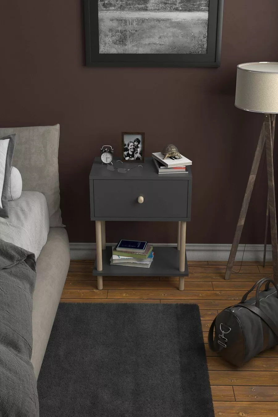 Chevet moderne avec étagères et abattant, organiseur de chevet pour chambre à coucher, table d'appoint en bois avec pieds - Anthracite