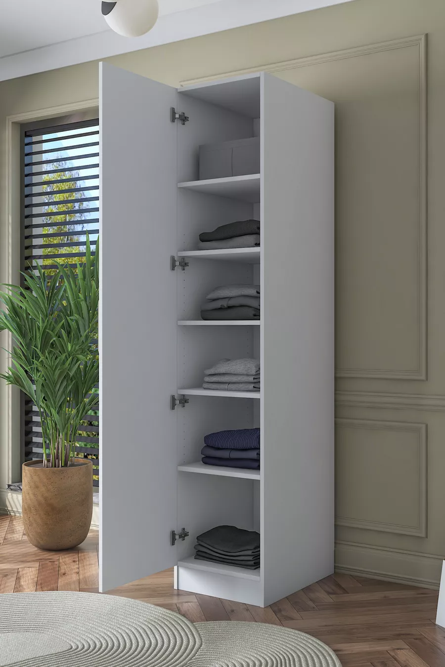 Rani  Kleiderschrank mit einer Tür und 5 Regalen Weiß