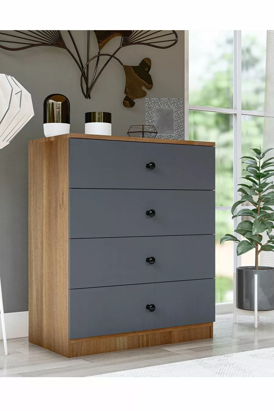 Comò Gm Almina a 4 cassetti con manopole a pulsante, grigio antracite-noce