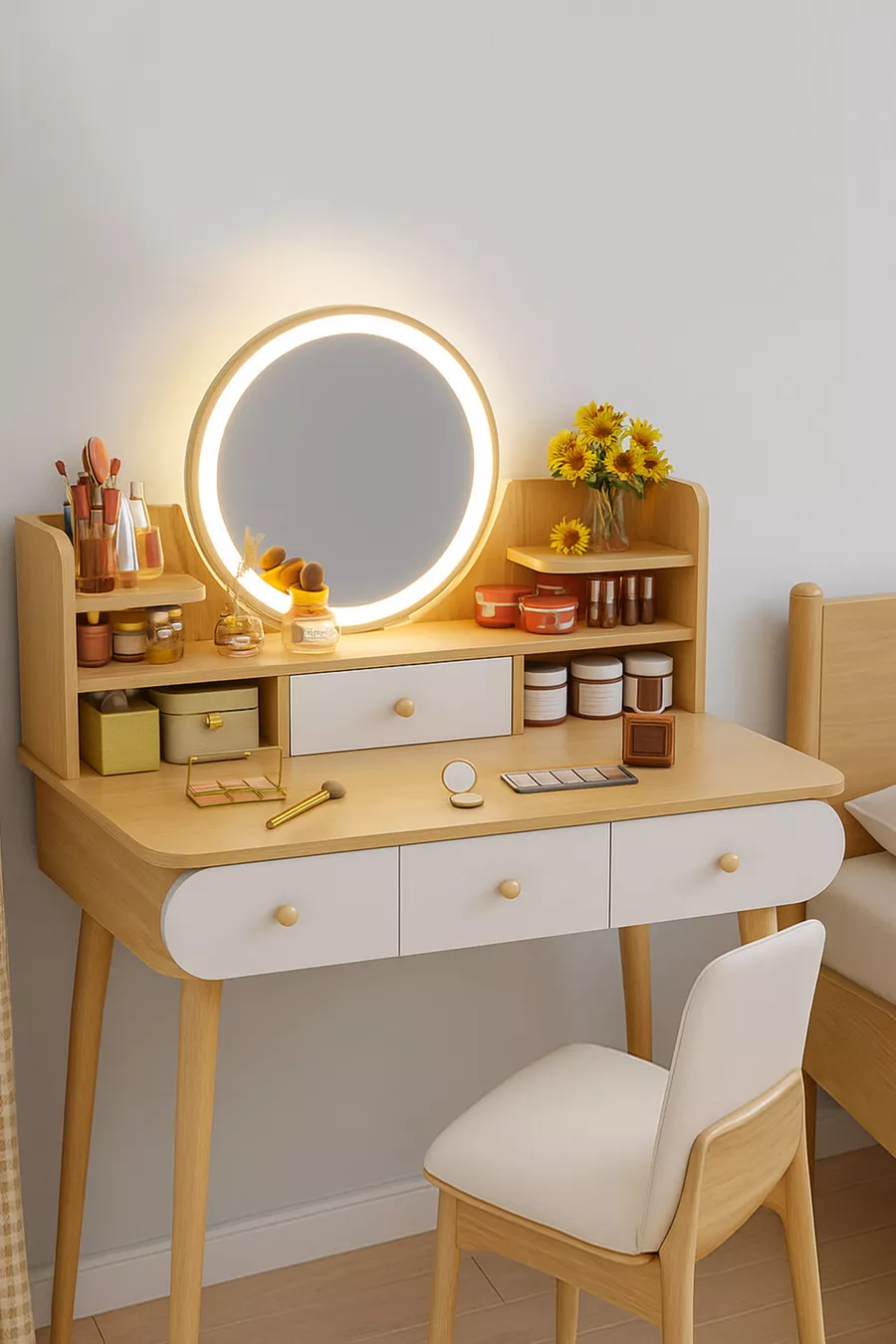 Specchio con luce LED Aura di qualità prima classe (% MDF), moderno trucco/tavolo da toletta (QUERCIA)