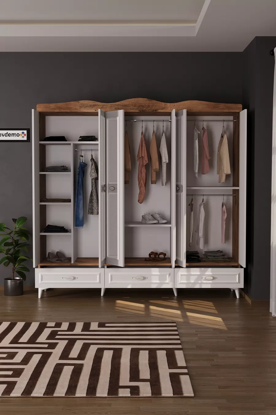 Armoire Luna 6 avec miroir, 3 tiroirs, couverture à 6 portes, en pin Atlantique