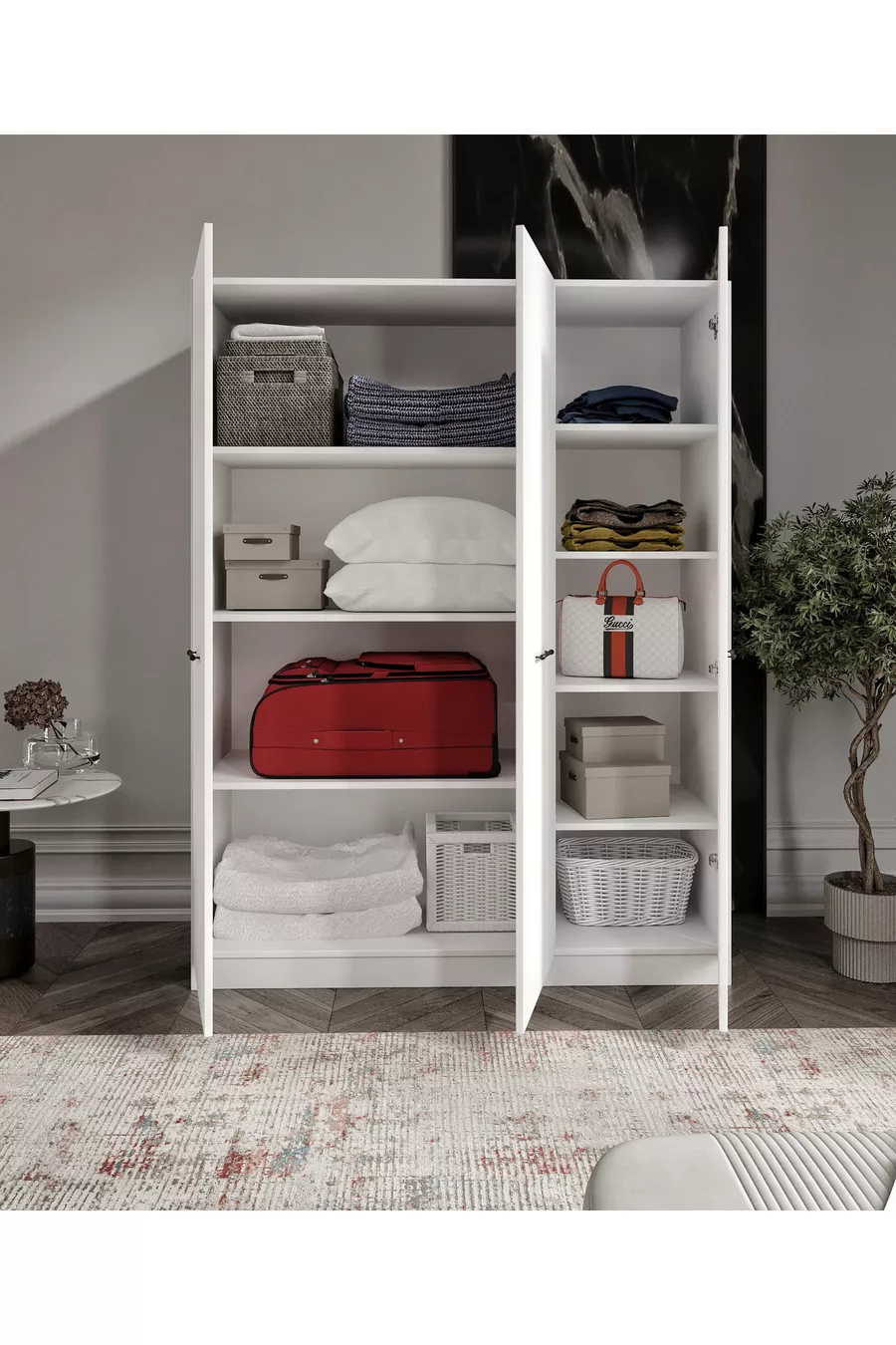 % MDF 3-Door Cabinet with Base and 9 Compartments - Fully MDF Cabinet