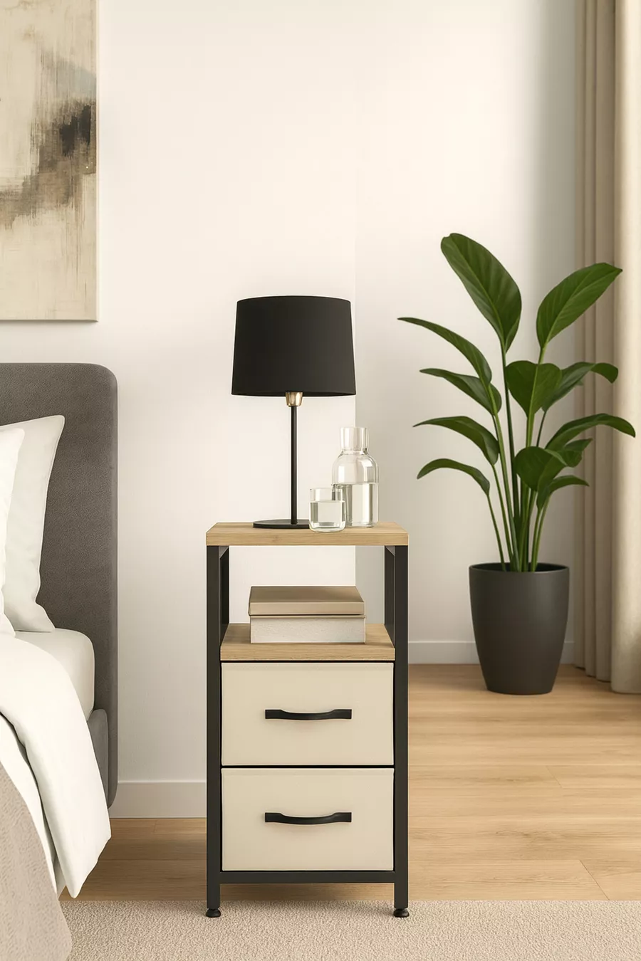 Table de chevet métallique avec 2 étagères, tiroir en cuir et organisateur pour chambre à coucher