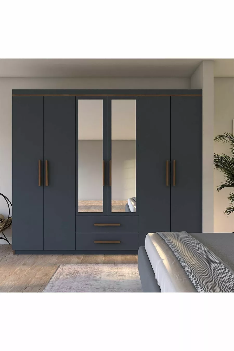  Armina Luxe Armoire 6 Portes 2 Tiroirs avec Miroir Noyer-Gris Anthracite
