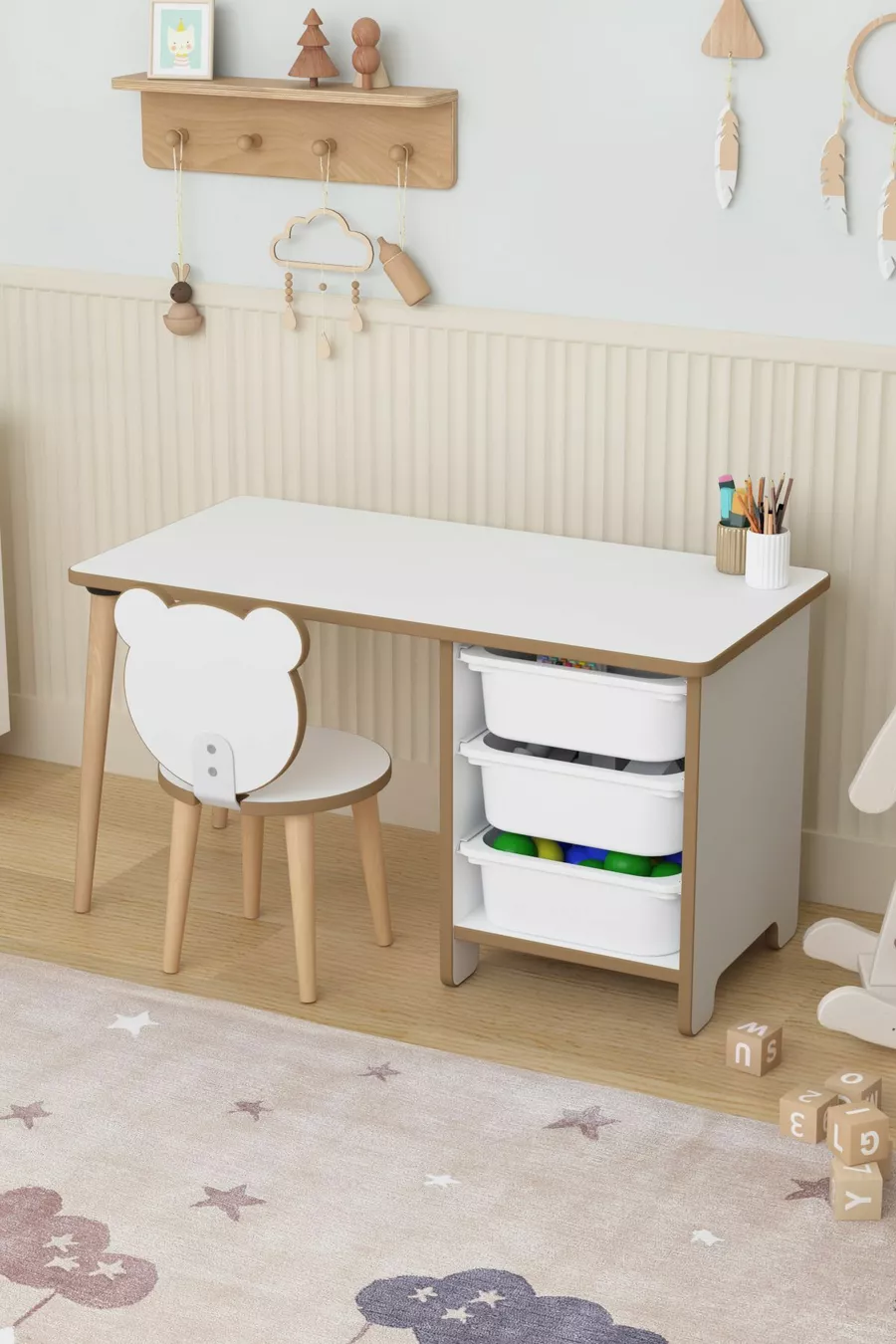Table d'activité pour enfants avec 3 paniers, bureau pour enfants avec chaise à dossier - Panda