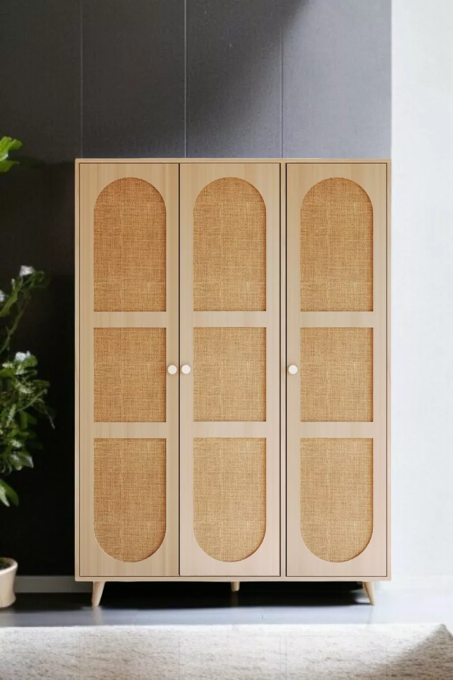 Bali Bohem Dreitüriger Kleiderschrank – Kleiderschrank mit MDF-Türen und Jutestoff | Eichenfarbe –