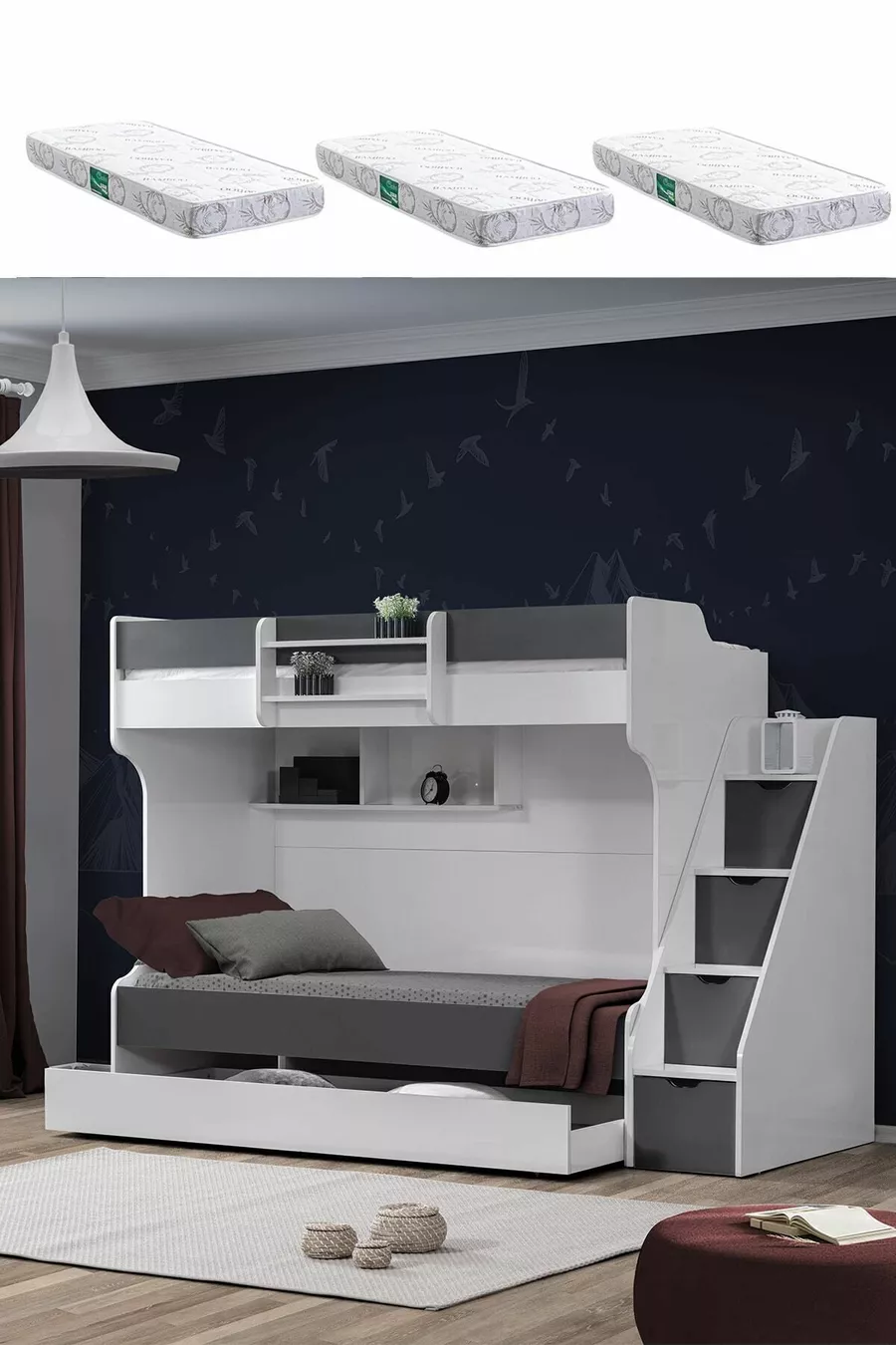 Bunk Bed, Kardem Bunk Bed with Drawer - Anthracite 3 Comfort Mattresses