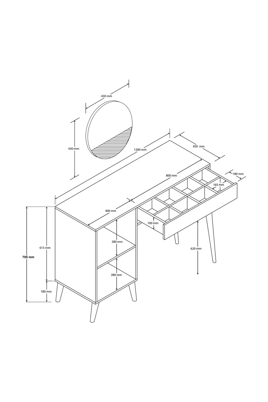 LOVE SPECCHIO (CON GAMBE IN LEGNO) TOILETTE CON CASSETTI E SPORTELLO - CM CON STRUTTURA IN MDF BIANCA