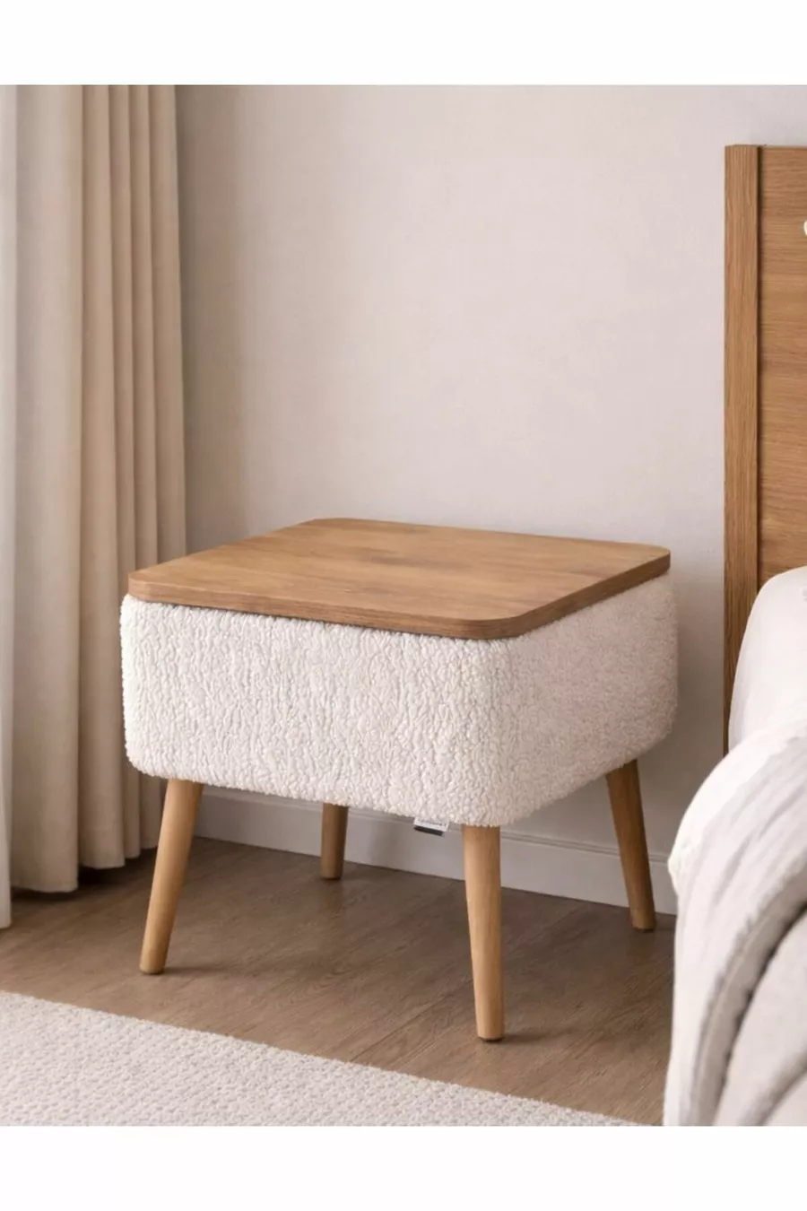 Nivo Drawer Nightstand, Modern Nightstand with Wooden Legs and Teddy Fabric Upholstery