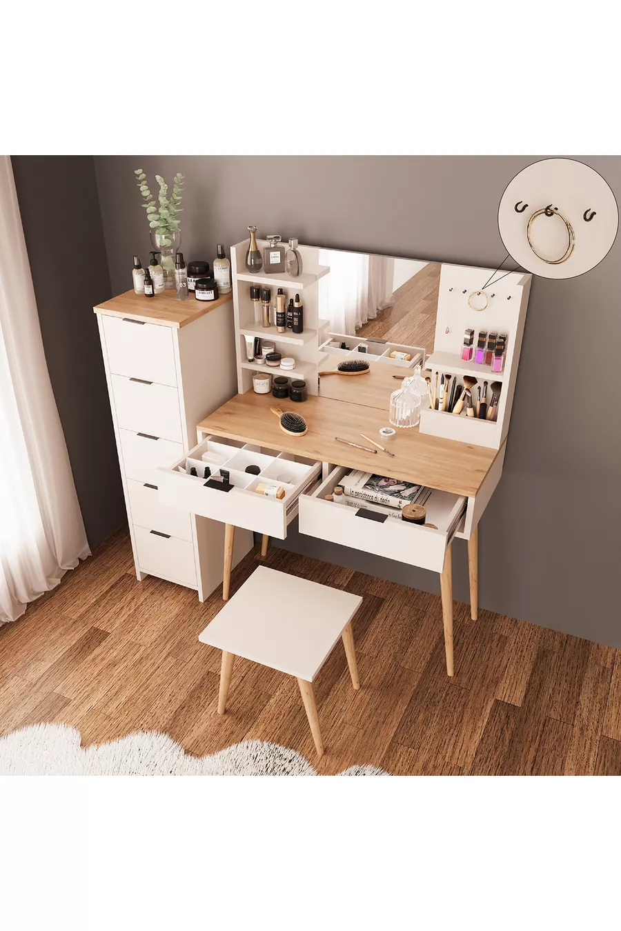 Ensemble de coiffeuse Bella avec tabouret et armoire à 2 tiroirs, couleur sable-panier | Avec miroir et crochets