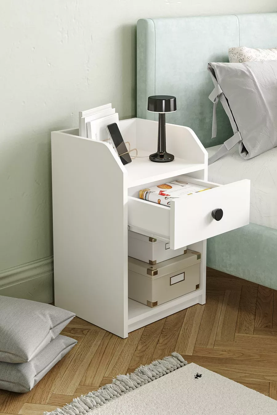 Camera da letto Urartu comodino bianco con un cassetto