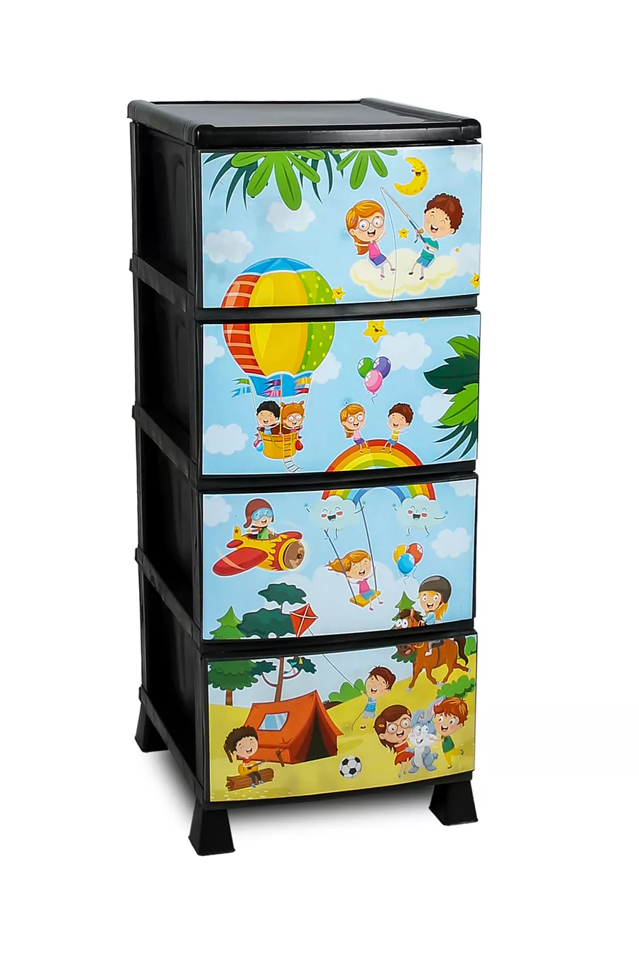 4-Tier Drawer Plastic Nightstand with Children’s Pattern Print Cover - Toy Storage - Toy Basket