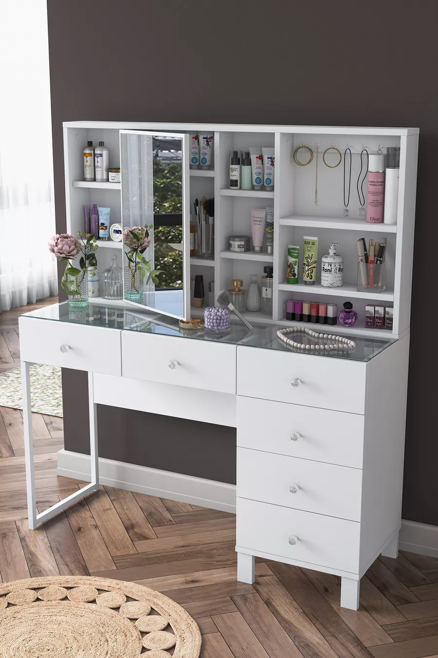 Coiffeuse avec tiroirs Rani à miroir et couvercle, organiseur de bijoux avec crochets, blanc