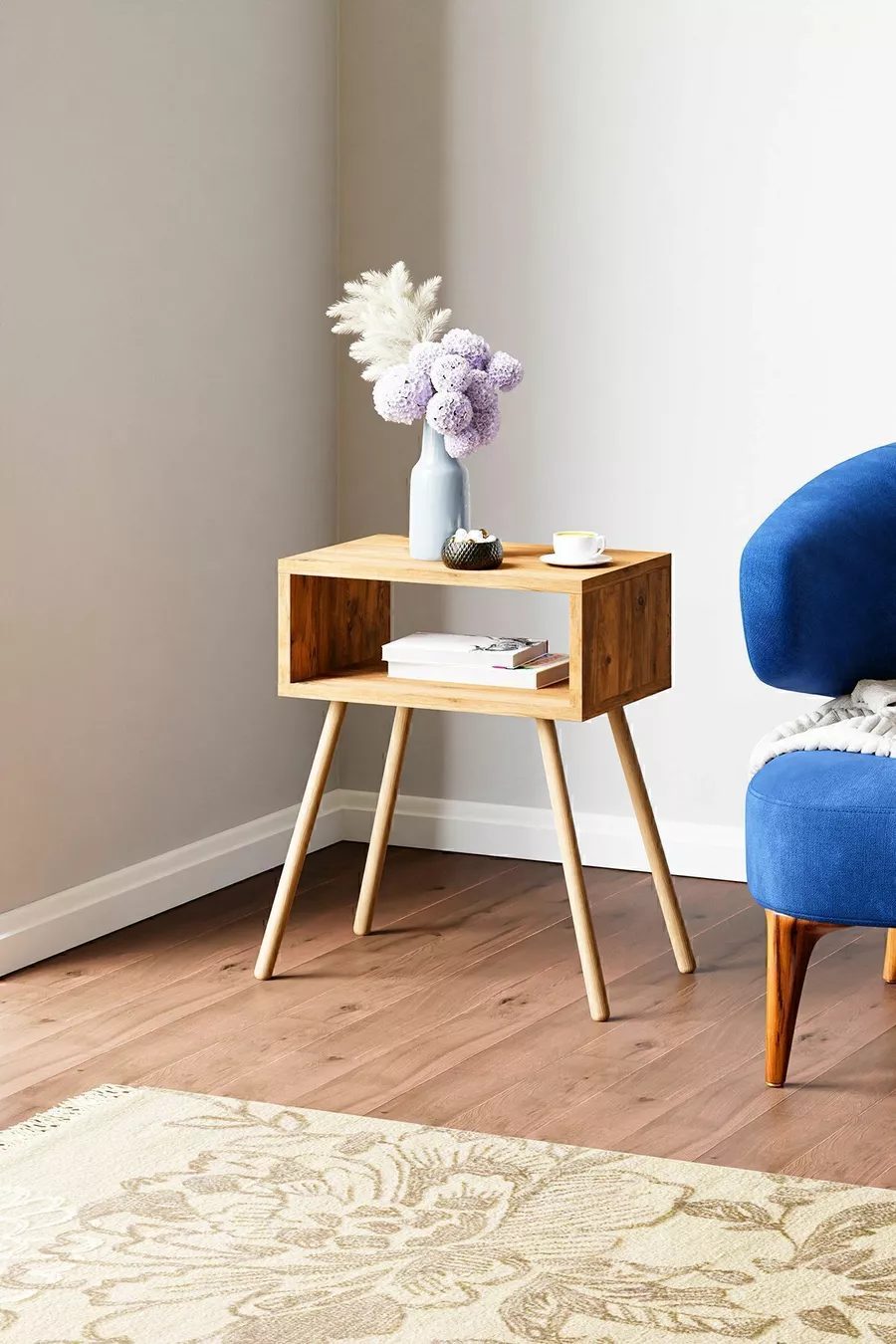Table de chevet avec étagères sur pieds en bois - Pin Atlantique