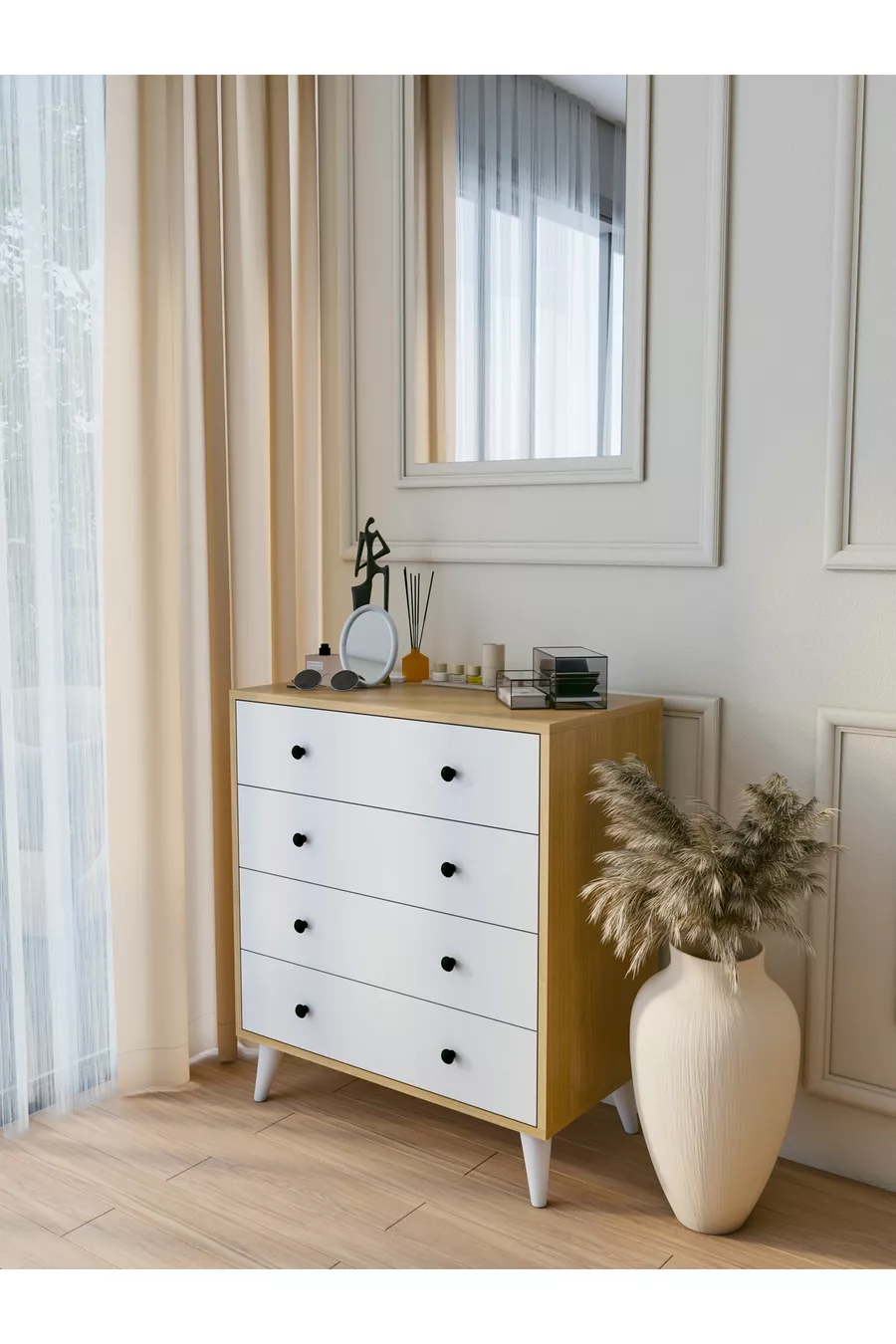 Commode Marbella Blanc brillant - marron 4 tiroirs Commode de style campagnard en bois