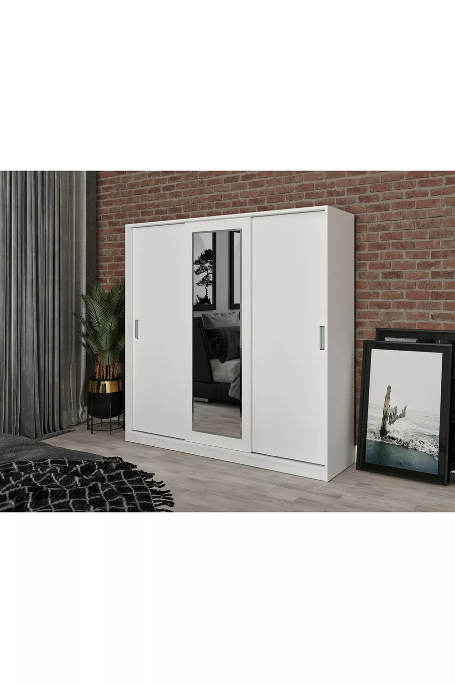 Armadio con specchio scorrevole in MDF Samira, bianco - MDF di prima qualità completa