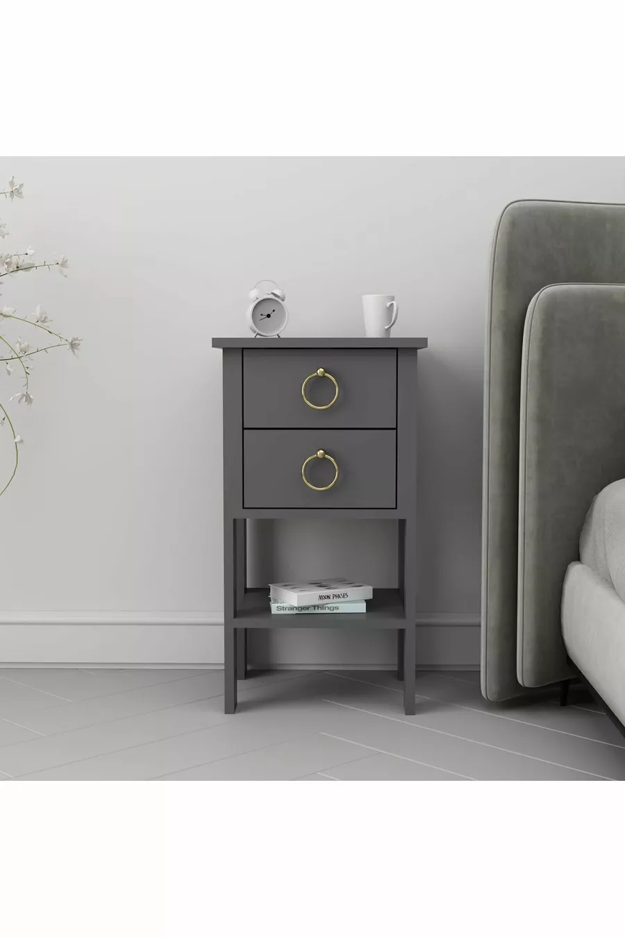 Table de chevet Mandosi Mobilier avec double tiroir, poignées en or anthracite