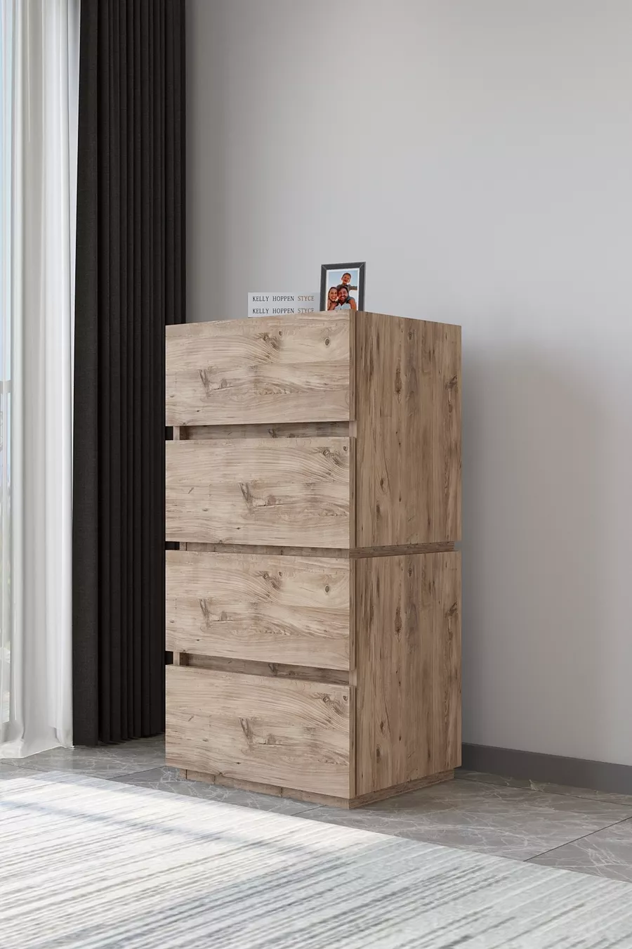 Commode Galata à 4 tiroirs en pin verni, couleur pin, pour chambre à coucher ou chambre de bébé
