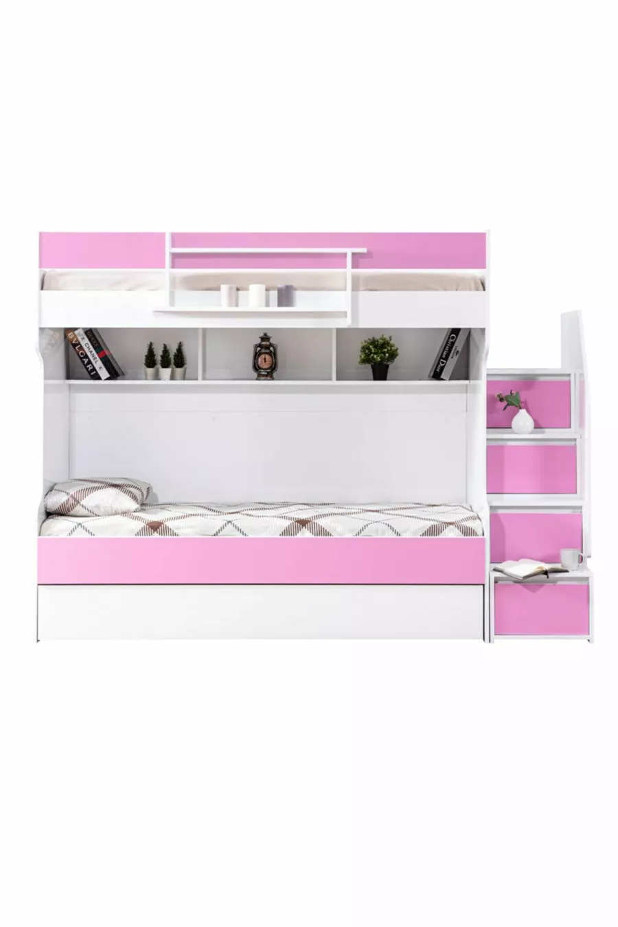 Lits superposés Ranza, courageux avec petit lit - Rose, 3 matelas confort