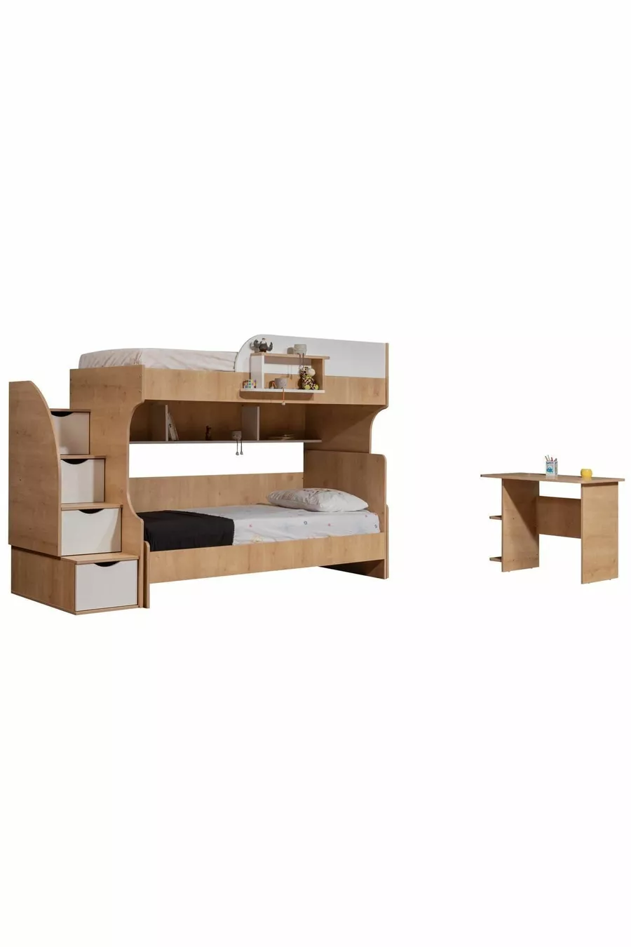 Lit superposé, Lit superposé Aura avec bureau et armoire à 3 portes, Noyer et blanc