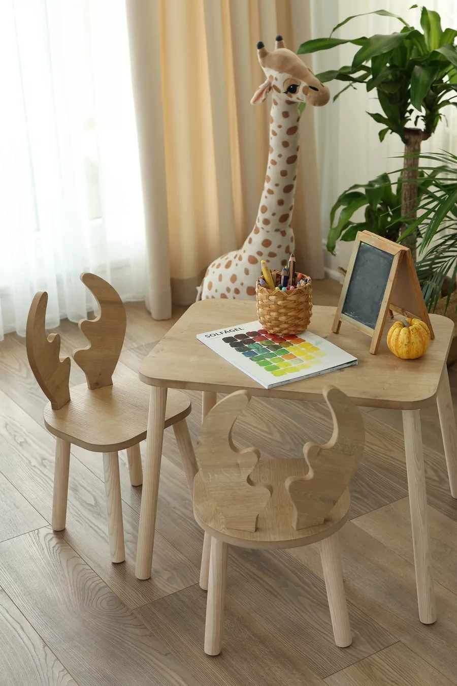 The Deer 1 Masa + 2 Sandalye (Çocuklar için Montessori Aktivite ve Etkinlik Masa Sandalye Takımı)