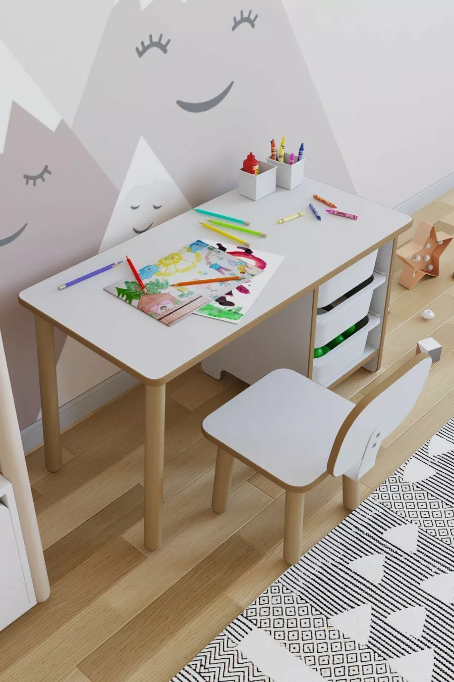 Kids Table and Chair Set Cm 3 with Basket Children’s Study Table Activity Table Write-Erase