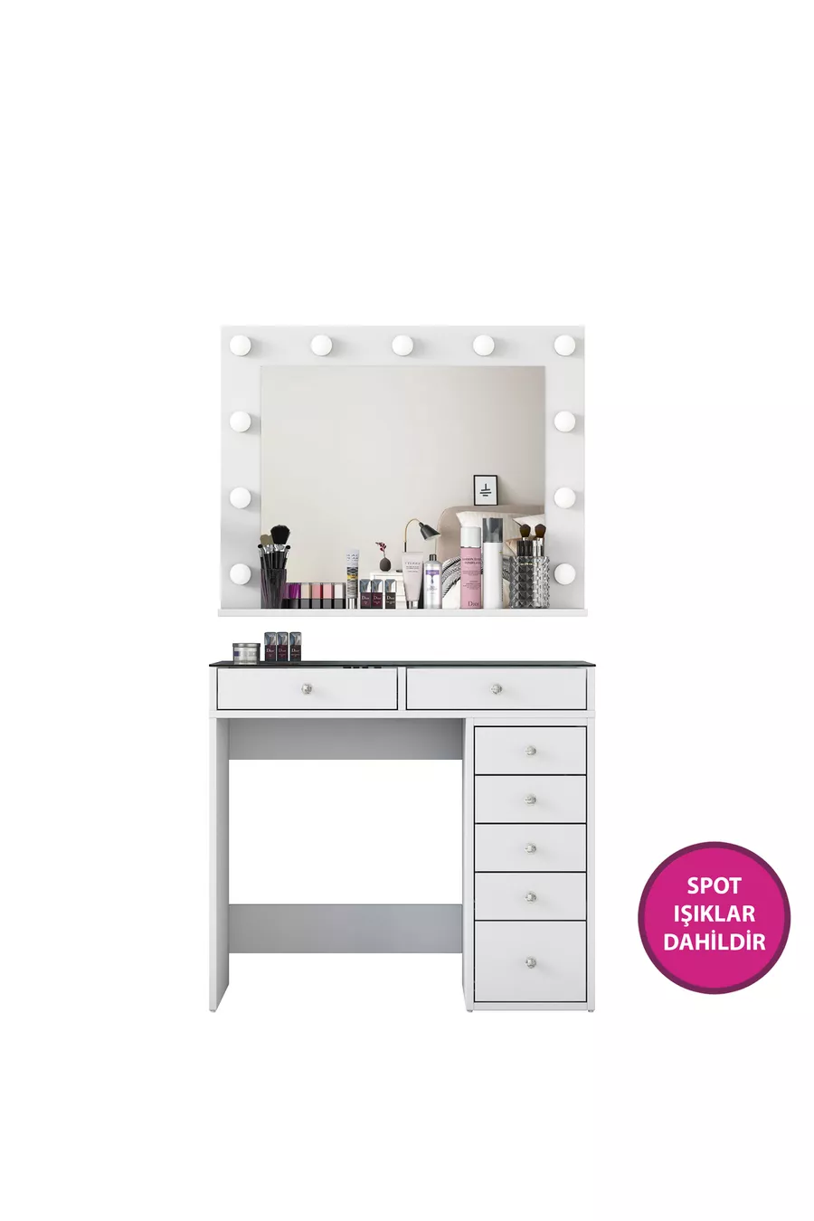 Rani Coiffeuse avec Miroir Éclairé de Style Hollywood, Table en Verre et Organisateur de Bijoux, Blanc