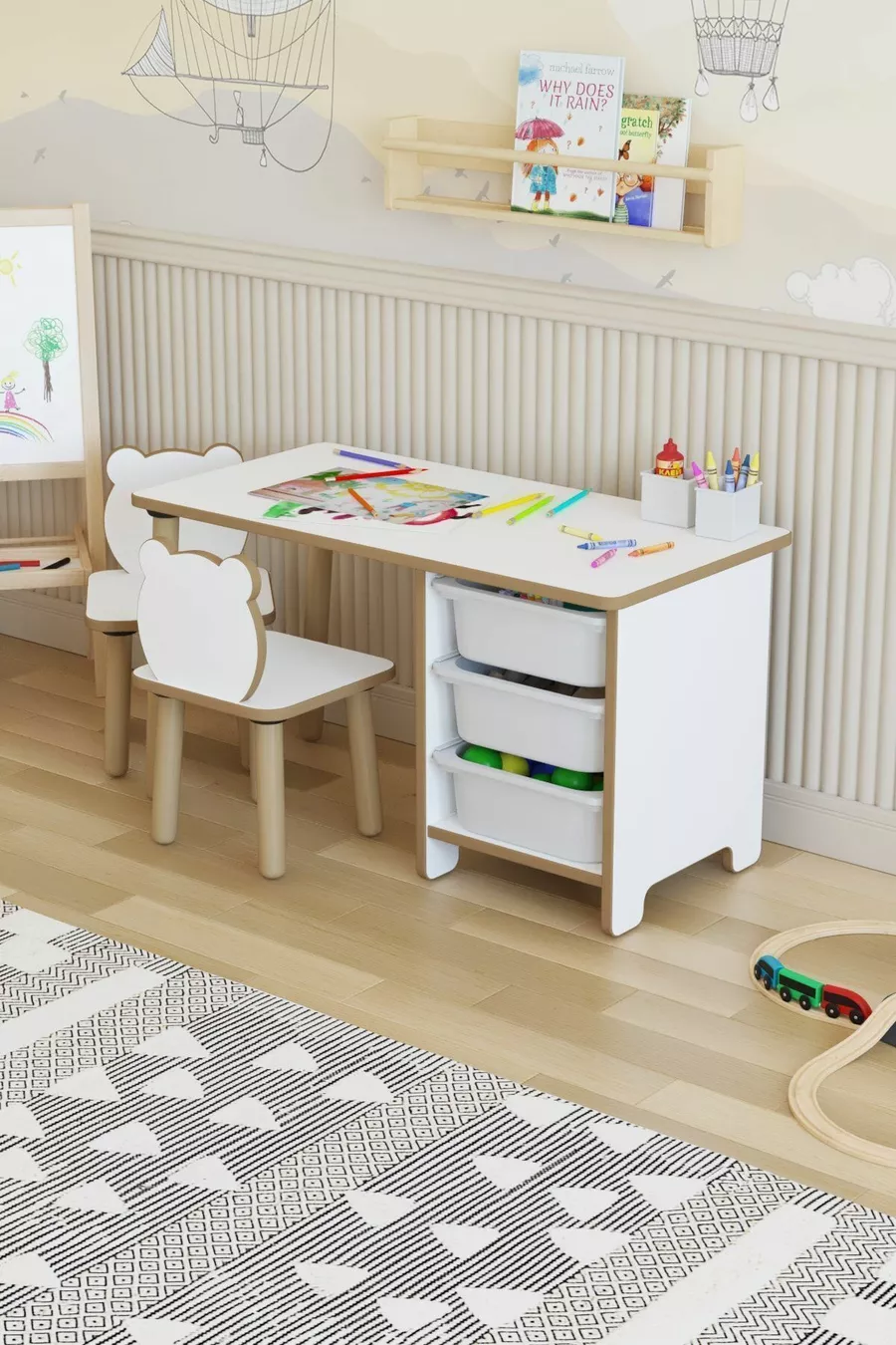 Kids Table and Chair Set-3 Basket Work and Activity Table-Dry-Erase Surface-2 Panda Chairs