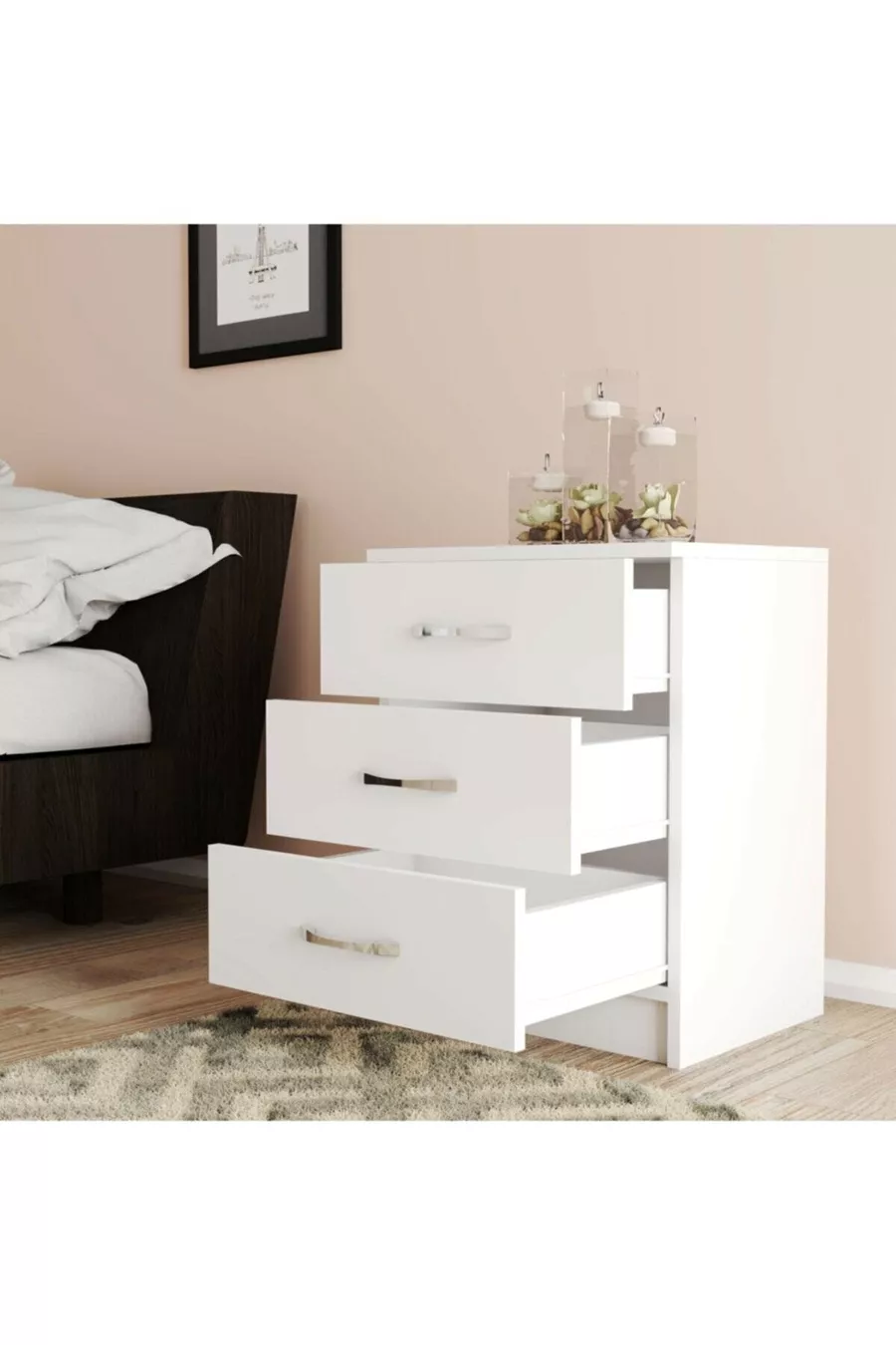 Table de chevet blanche à 3 tiroirs