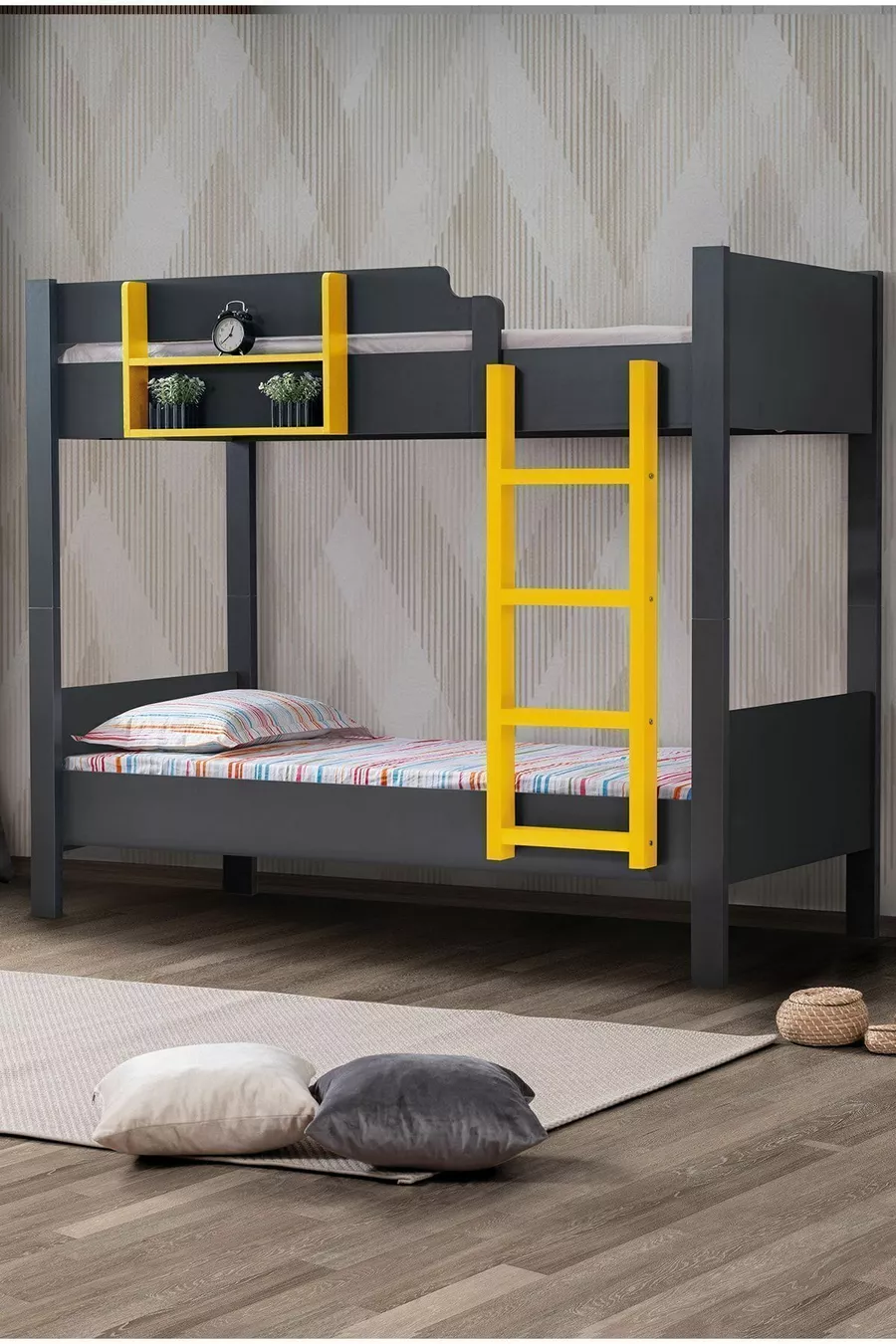 Lit superposé, lit superposé double détachable Asya, anthracite-jaune avec 2 matelas confort