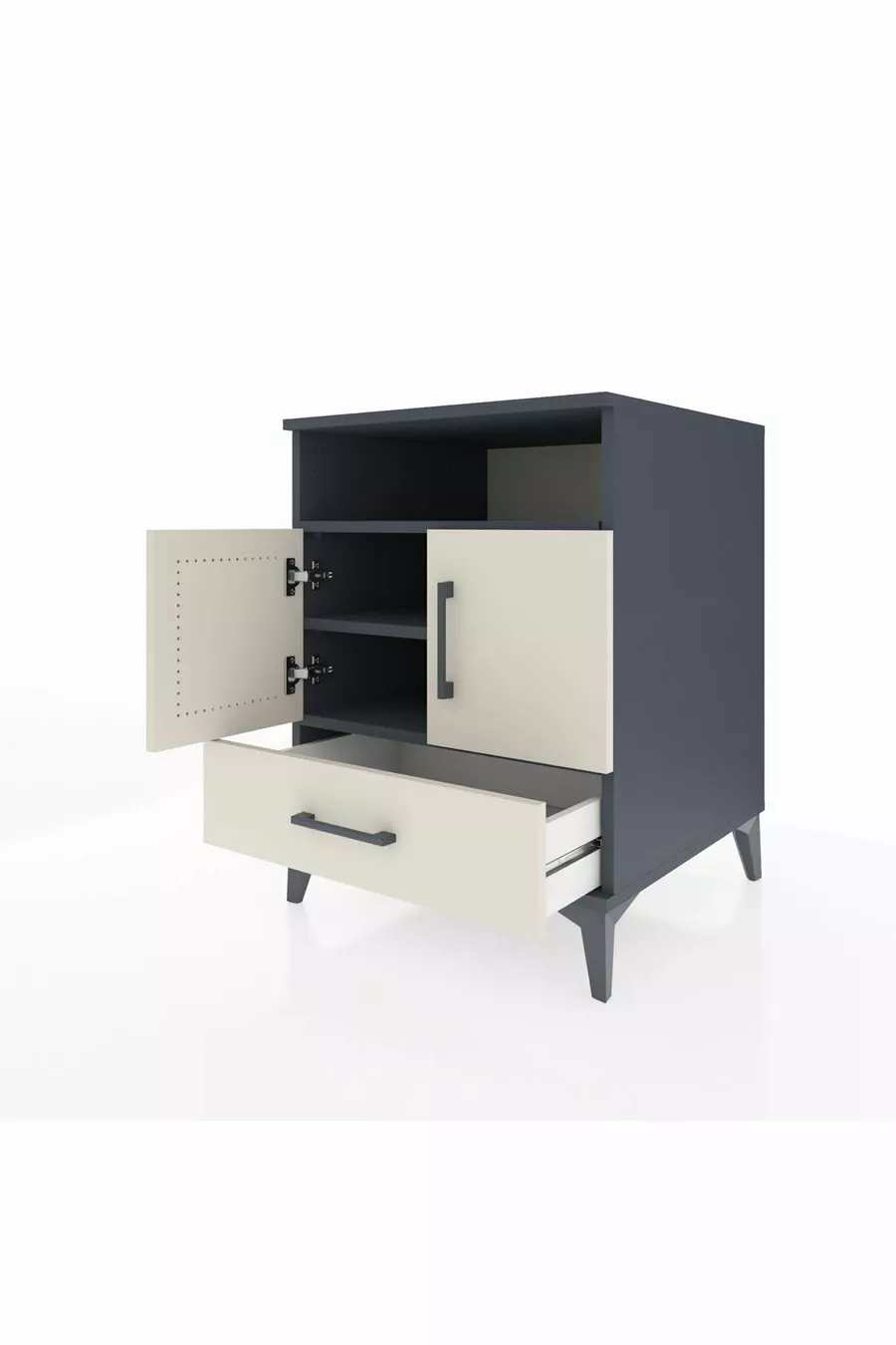 Table de chevet Kronos avec 3 étagères, 1 tiroir et 2 portes, Anthracite-Pierre de lune