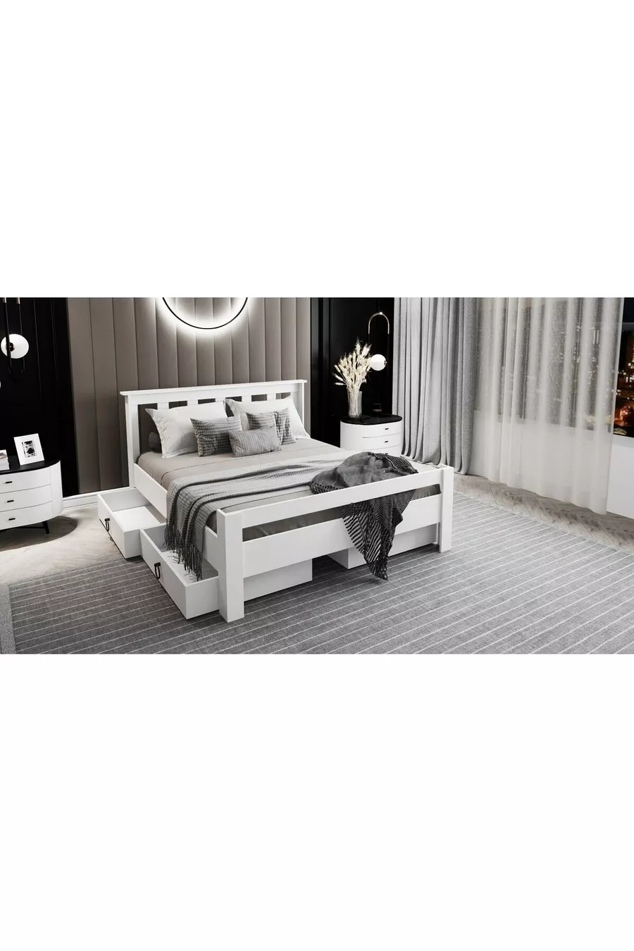 Lit double Arya compatible avec matelas, en MDF blanc avec tiroirs Maçy-1