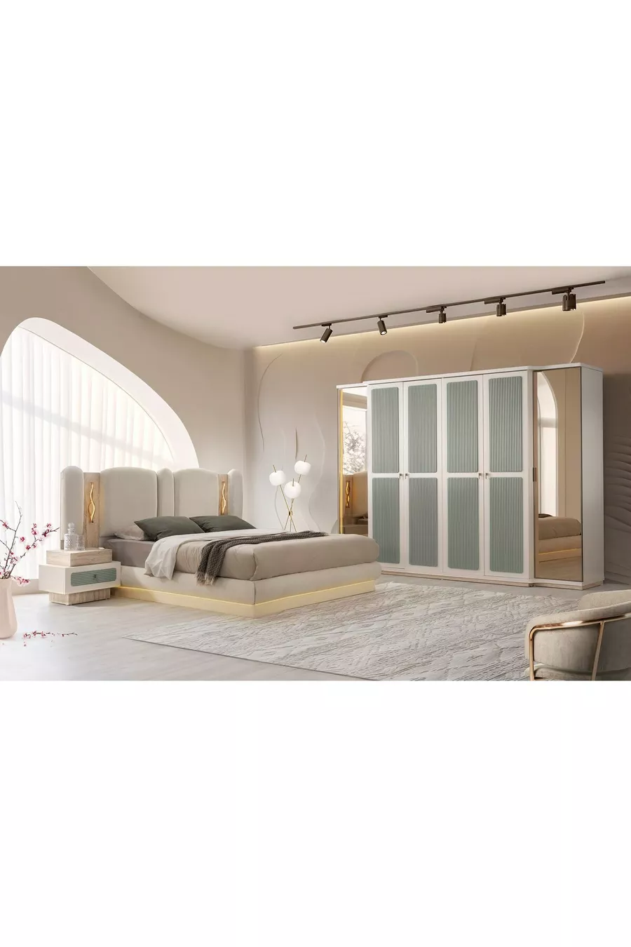Turquoise MDF-Based LED Bedroom Set