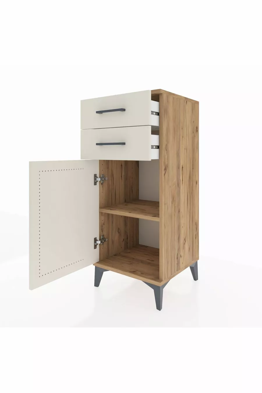 Commode Hyperion avec une étagère, 2 tiroirs et une porte, en pin et chêne