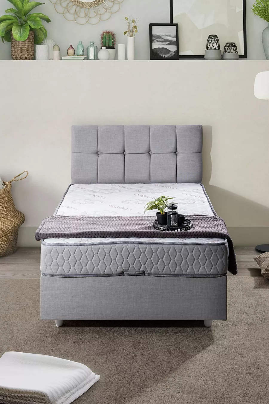 Set Berlin Double, Ensemble Tête de Lit et Cadre Simple - Gris Clair