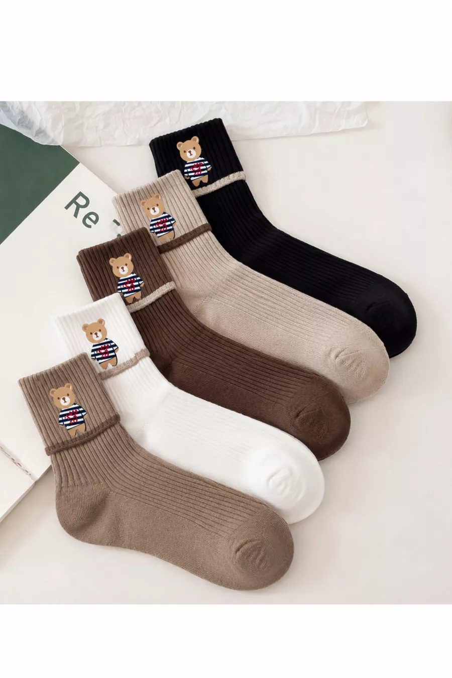 5 Paires de Chaussettes Bottes pour Femme Motif Ours Teddy Multicolore Chaussettes Confortables à Côtes