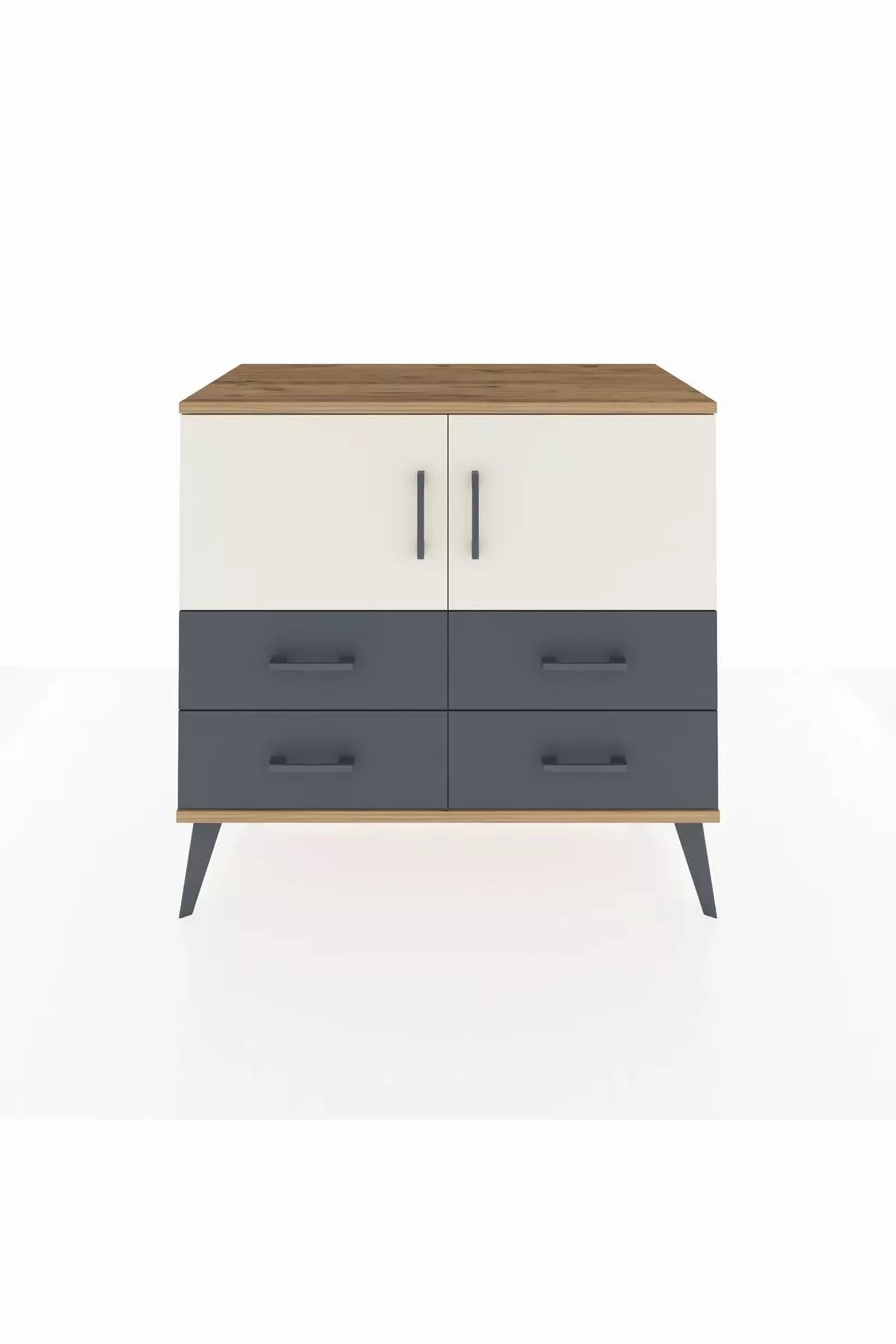 Commode Hyperion 2 étagères 4 tiroirs 2 portes Pin-Marbre/Anthracite