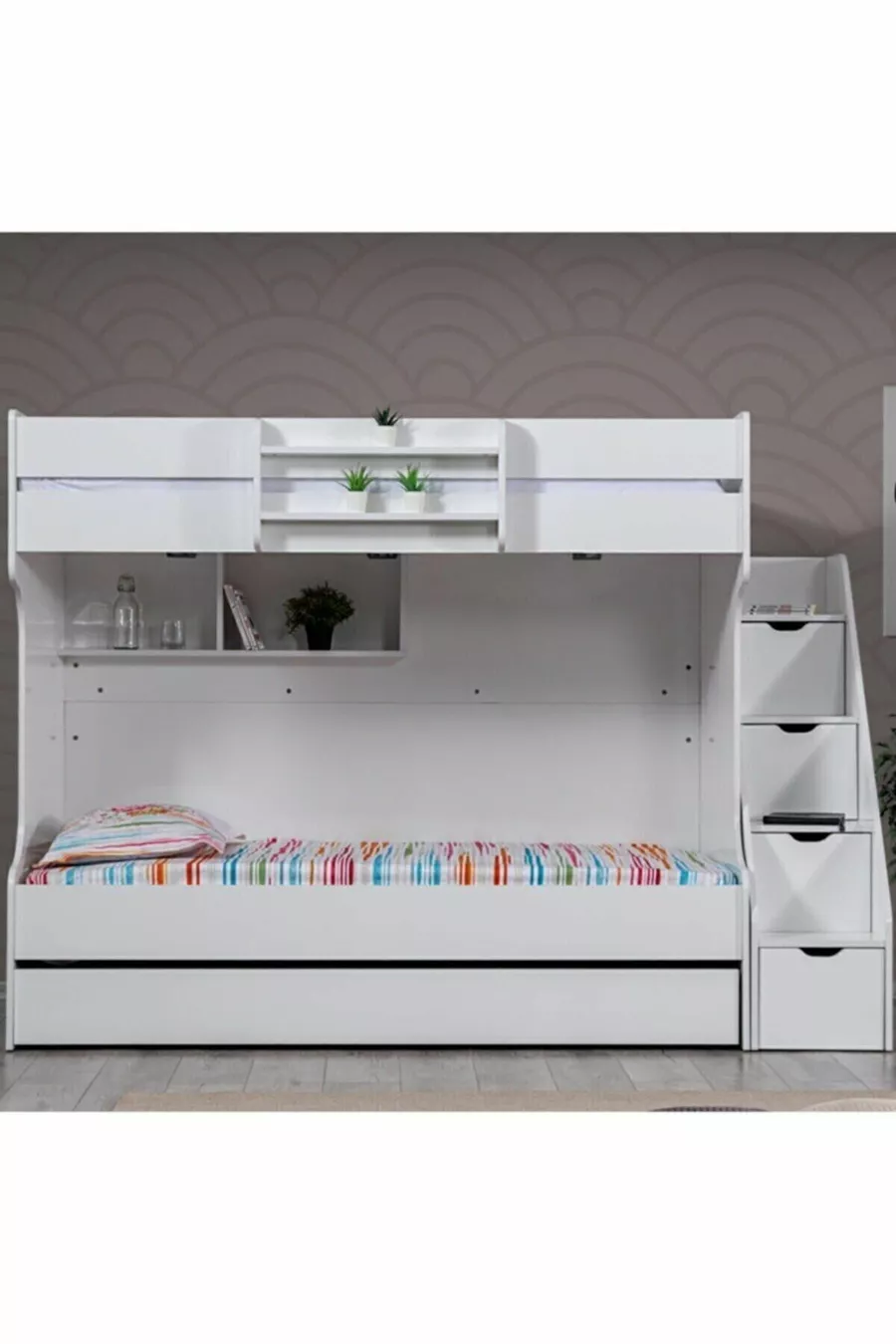 Lits superposés, Lit superposé avec tiroirs Kardem - Blanc + 2 matelas Comfort