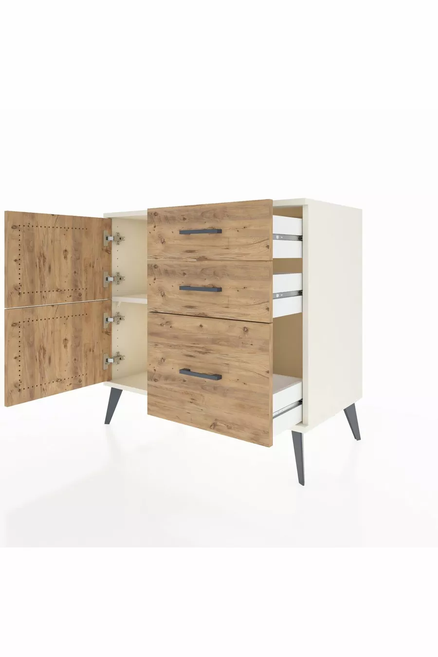 Commode Hyperion à une étagère, 3 tiroirs et 2 portes, Pierre de lune-Pin