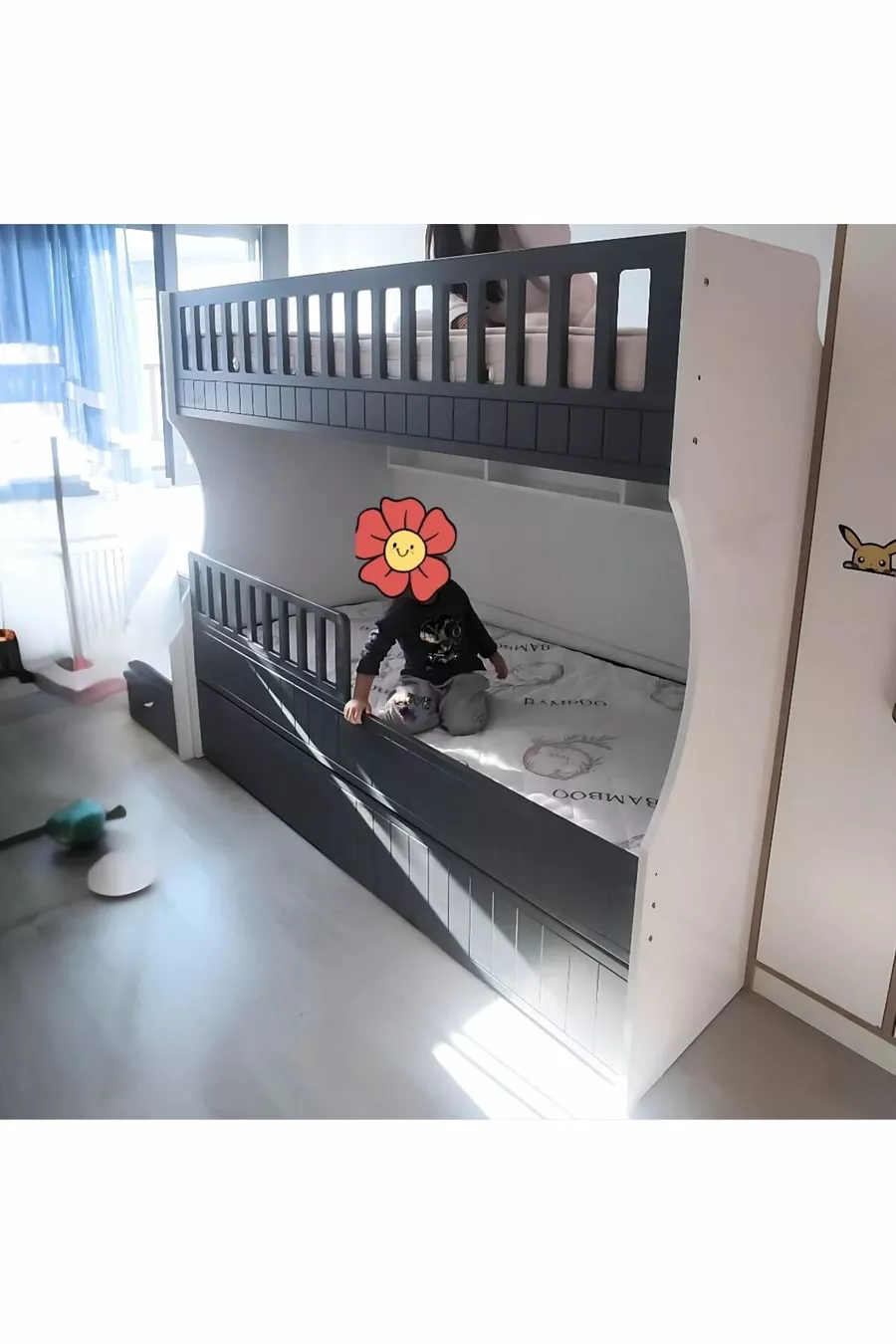 Letto a castello per bambini modello intagliato Bianco Antracite
