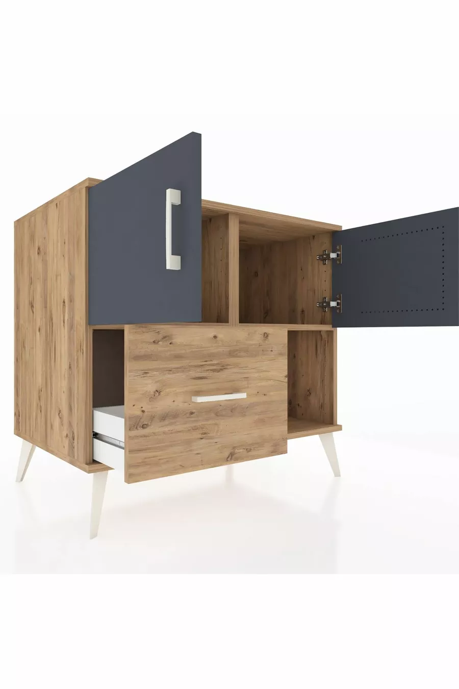 Commode Kronos avec 2 étagères, 1 tiroir et 2 portes, Pin-Anthracite/Pin